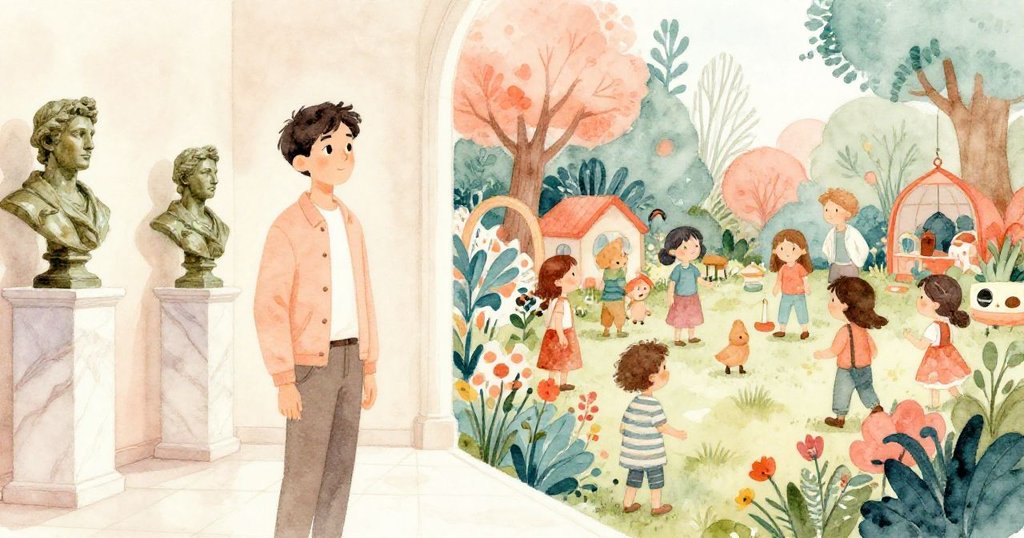 魯本踏入大理石大廳，背景一側是歷史銅像，另一側幻化為生動社區花園，內心充滿驚訝與希望。