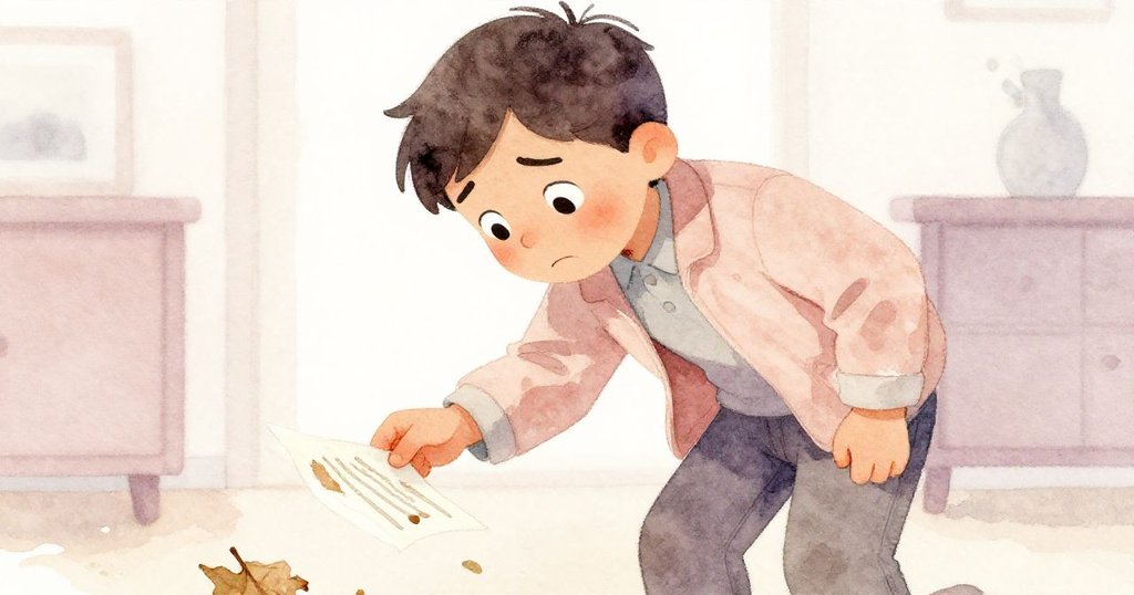 魯本低頭撿起飄落的傳單，表情充滿內心矛盾與決心，背景中隱約見到辦公室同事沉思。