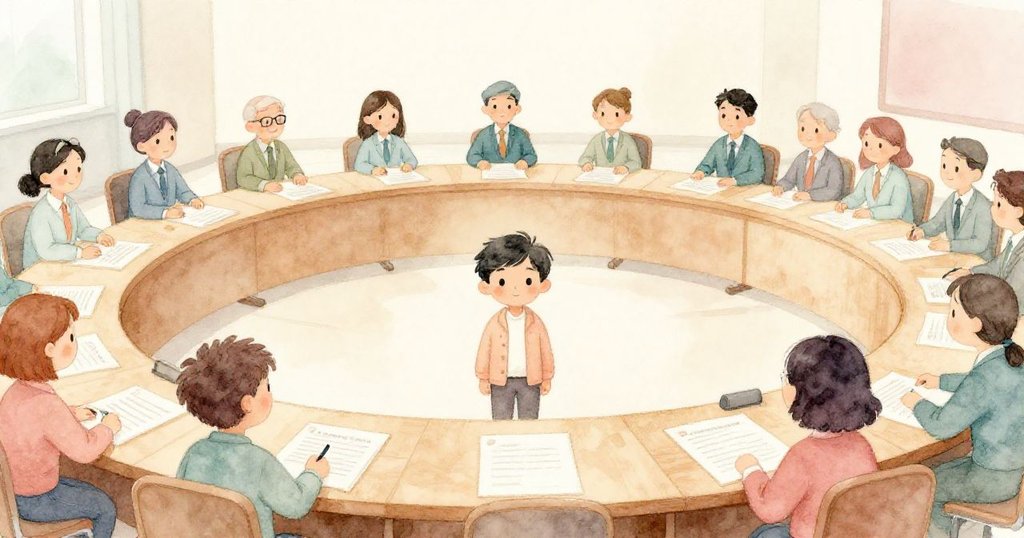 在寬闊的會議室裡，魯本顯得微小，眾多同事忙碌分工，彩色傳單點綴出社區活力，呈現團隊合作與成果。