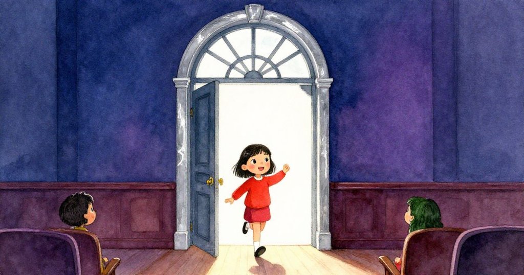 妮娜早晨踏入寧靜禮堂，大門壯觀，深紫與午夜藍光影交織，臉上滿懷期待，環境溫馨而神秘。