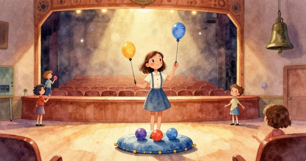 妮娜伸手按下聚光燈按鈕，手指堅定，旁邊藍色墊子與三顆橡膠球伴隨著柔和光芒，細節豐富。