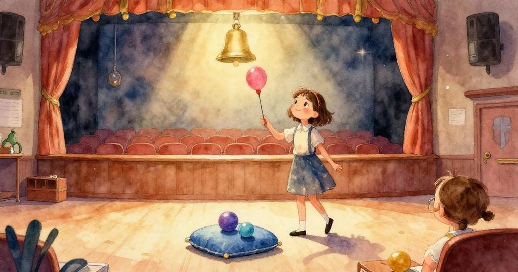 聚光燈光圈如小月映在光滑舞台上，映出妮娜專注面容與雜耍道具，光影交錯充滿魔幻感。