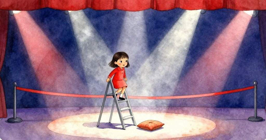 妮娜穿越舞台時避開被遺忘的金屬梯子與紅色膠帶，光影交錯中展現堅定步伐，場景奇幻豐富。