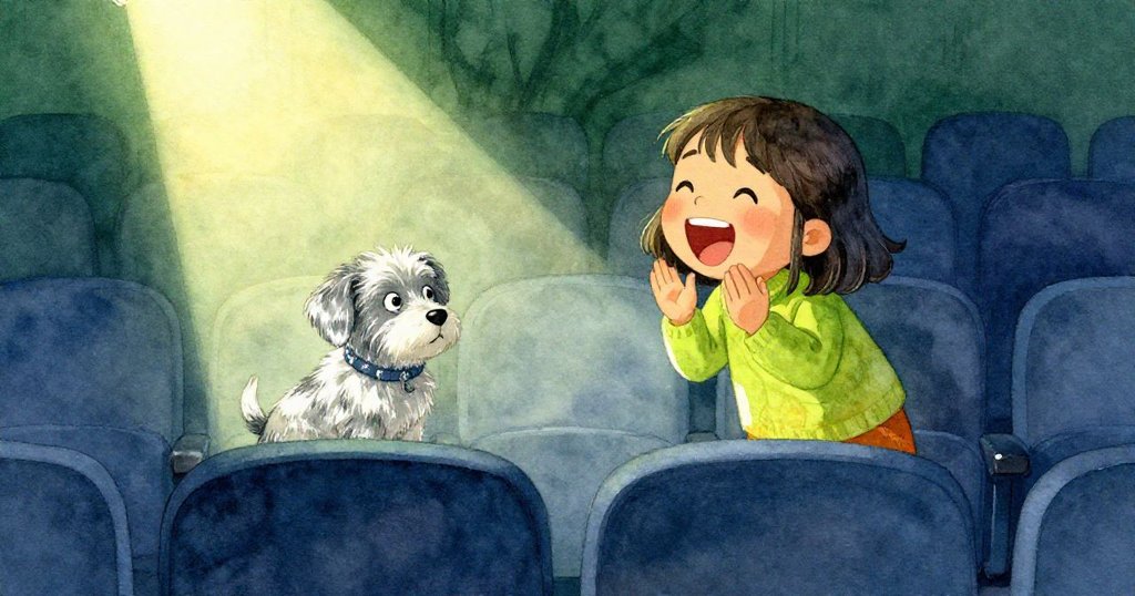 妮娜驚喜發現小狗馬克斯舒適蜷臥於座位間，臉上綻放歡笑，溫暖聚光燈映出柔和背景。