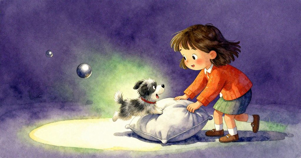 妮娜滿懷溫柔微笑移動墊子，小狗高興躍上，橡膠球在廣闊聚光燈下輕快跳動，場面溫馨動人。