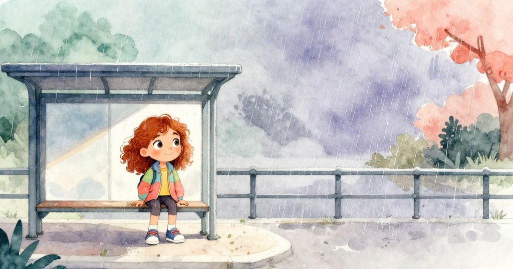 Ruby在公車站等待後步上橋面，突降細雨濕透盒子與貓籠，背景從晨光轉為陰雨，展現堅持與轉變。