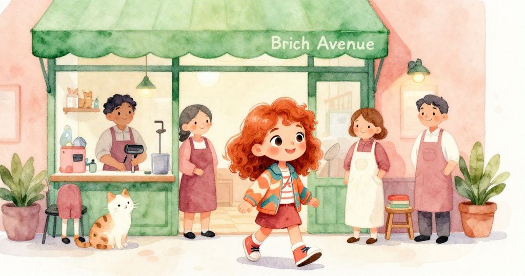 Ruby抵達Birch Avenue寵物美容工作室，綠色遮陽棚下工作人員熱情歡迎，貓咪出現氣氛慶賀任務圓滿。