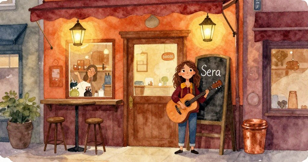 Sera站在溫暖燈光的酒館門前,黑板上寫有她的名字,她滿懷期待,燈籠搖曳中流露出興奮與希望。