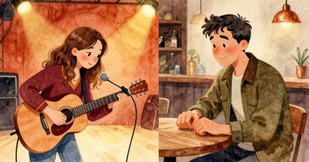 Sera俯身重新連接麥克風線,Jonas輕敲桌面邀請共奏,兩人動作互應,酒館溫馨背景映襯著默契樂章。