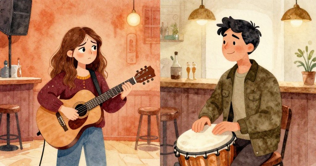 Sera與Jonas並肩上台,燈光聚焦在她們緊張卻堅定準備演奏的瞬間,內心與現實交織出溫暖期待。