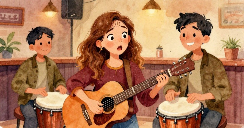 Sera演奏時吉他弦斷裂,驚訝汗水滴落,Jonas堅定敲鼓穩住節奏,緊張又充滿協作的瞬間。