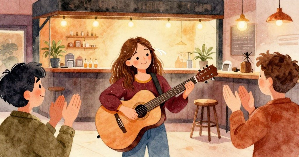 Sera放下吉他,擦去汗水,酒館裡掌聲響起,Jonas微笑陪伴,整個場景洋溢著勝利與溫暖感。