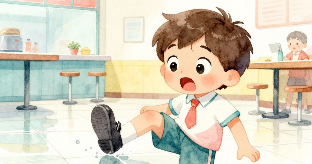 Milo在明亮餐廳內驚訝特寫，濕潤瓷磚映出他的鞋滑動，臉上流露出驚奇與些許擔憂。