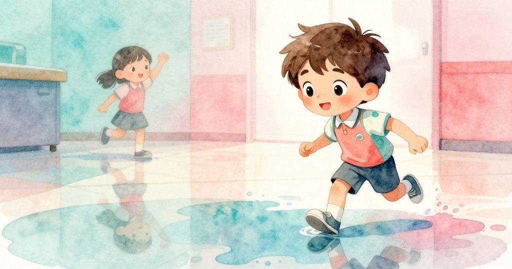 濺落的果汁在亮地板上形成反光池，映出Milo慌亂與遠方女孩揮手的影像，場景富有戲劇感與動感。