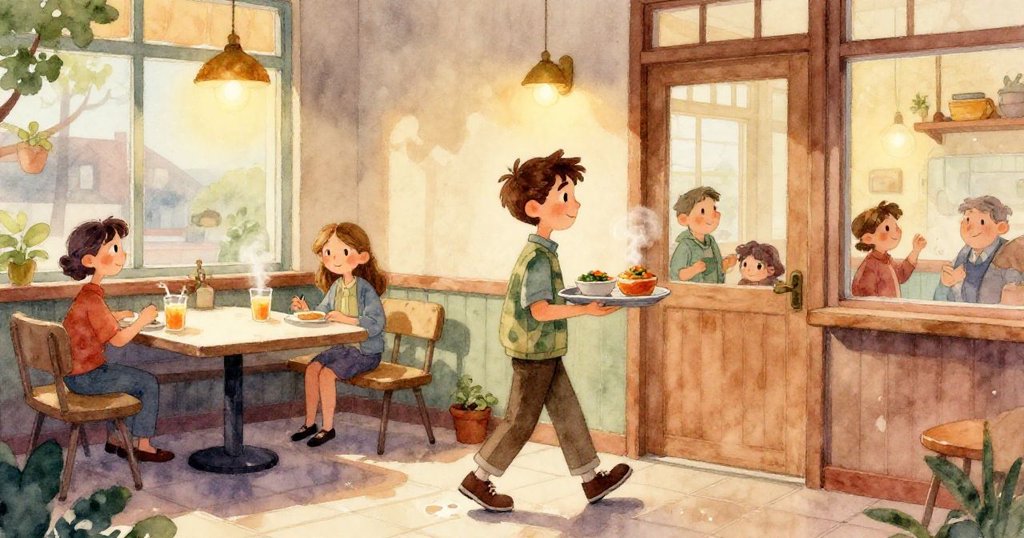 餐廳內透過大窗射進溫暖秋光，長桌上呈現金黃色調，窗外秋色迷人，整體氛圍舒適平和。