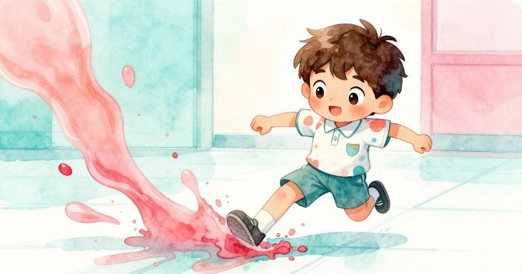 Milo在濕滑地板上急速向左滑動，躲避明亮果汁濺流，瞬間緊張與動感交織，情境刺激而生動。