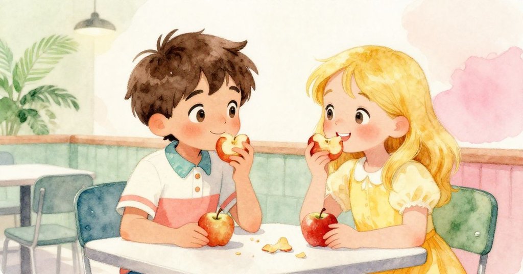 Milo與女孩坐於溫馨餐桌旁共享蘋果，托盤穩放，輕巧蘋果滾落，畫面充滿平靜與柔和的結局。