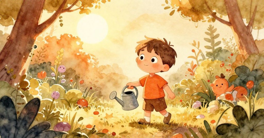 小Leo在旭日初升的花園入口興奮前行，手持小澆水壺踏入綠意盎然、光線柔和的清晨花園，充滿期待。