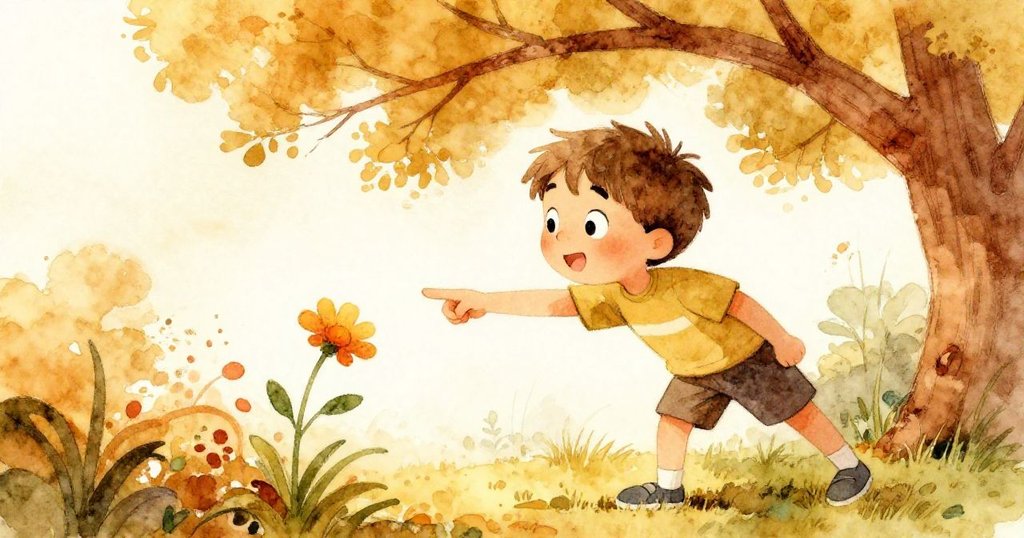 小Leo因低垂樹枝阻路轉向彎腰避開，同時興奮指向一朵鮮亮花朵，展現靈活與堅定的神情。