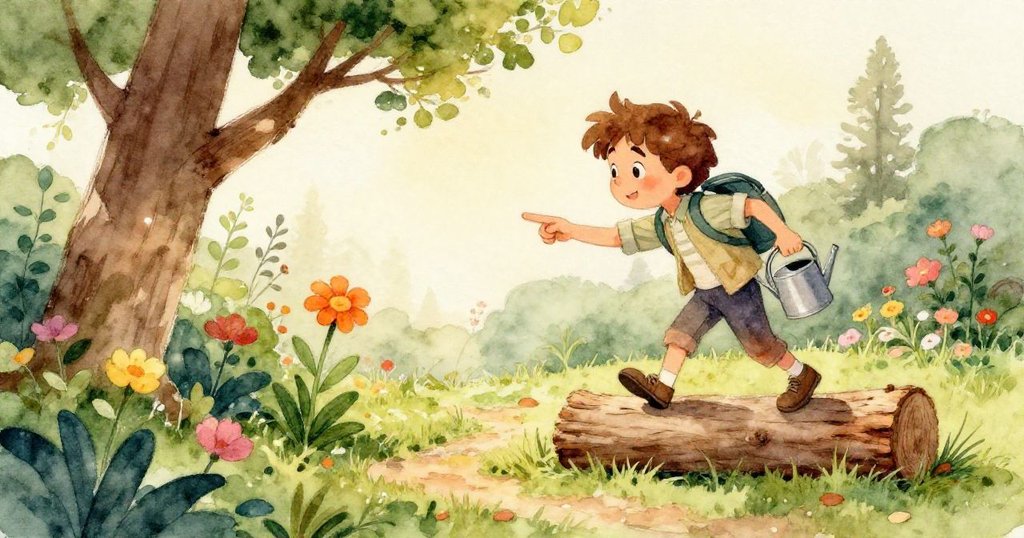 古樹圓木滾動時水花濺起覆蓋花瓣，形成奇妙閃耀效果，小Leo驚訝觀看，呈現夢幻花園場景。