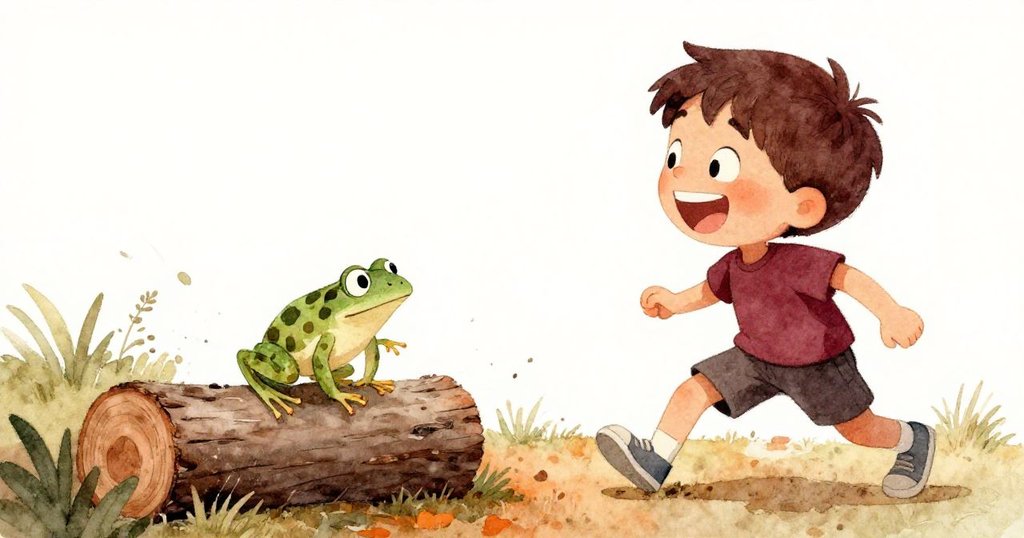 圓木滾動中一隻小青蛙突然跳出，小Leo失衡大笑，動作生動，呈現花園中意外驚喜與歡樂瞬間。