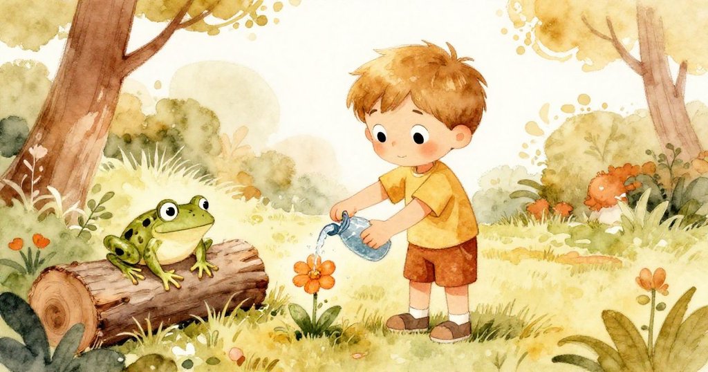 小Leo平靜走向閃亮花朵輕柔澆水，青蛙靜棲於穩定圓木旁，花園恢復寧靜，展現溫馨和諧結局。