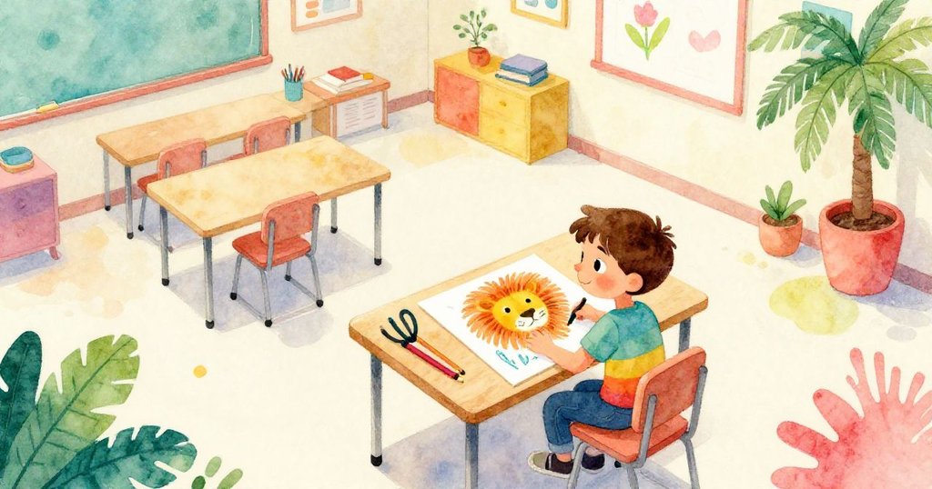 提姆在明亮的美術教室裡，從鳥瞰角度坐在桌前認真畫出獅子頭草圖，周遭擺滿色彩斑斕的畫具。