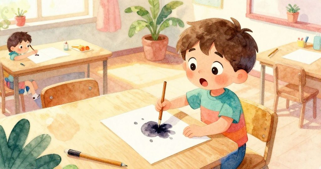 提姆從高角度俯視畫桌，臉上展現驚訝神情，正觀察紙上突現的橙色墨點，流露出創意疑惑。