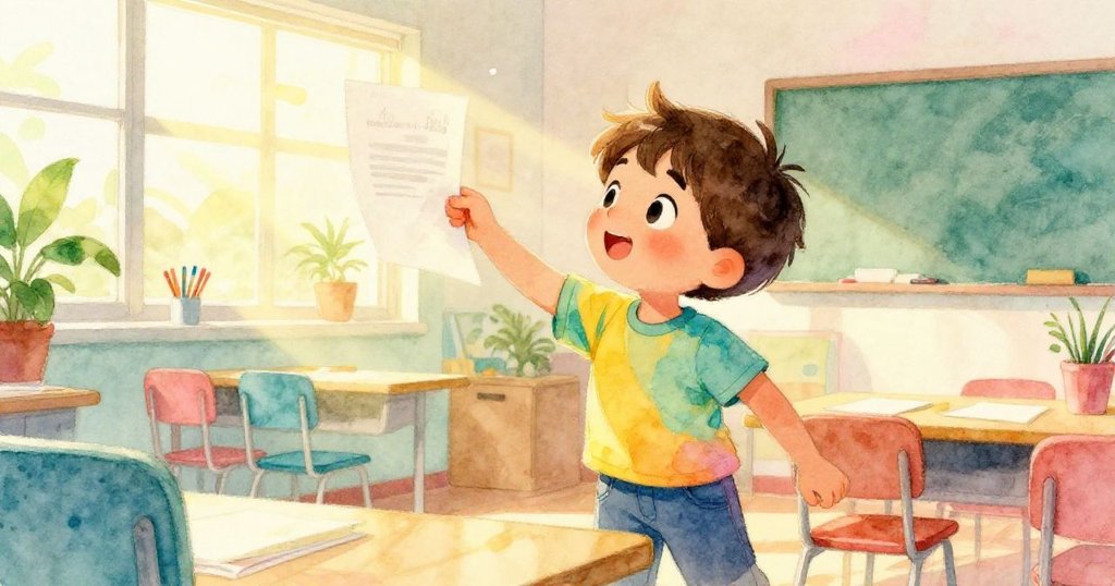 溫暖陽光透窗灑入教室，提姆急速翻動畫紙，桌上光影交錯，展現緊張而充滿活力的創作瞬間。