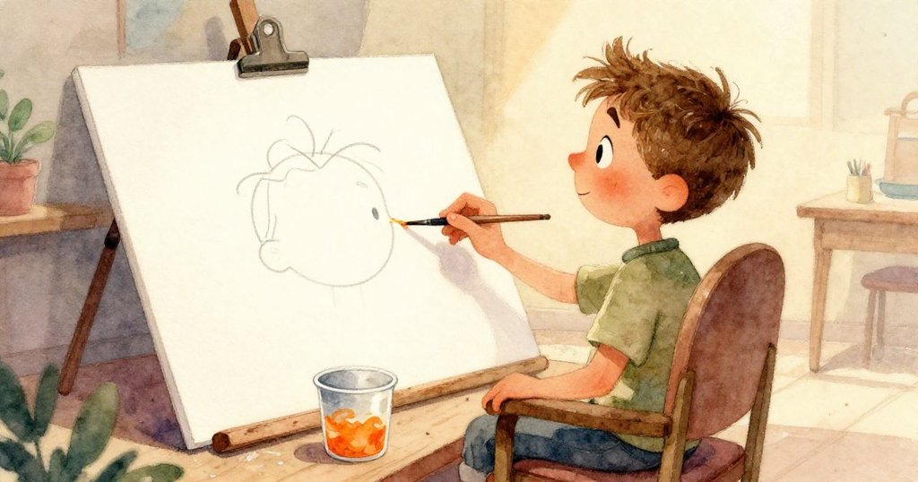 橘色水滴在桌面上快速滾動，奔向畫紙邊緣，展現出充滿活力與突如其來創意的動感畫面。