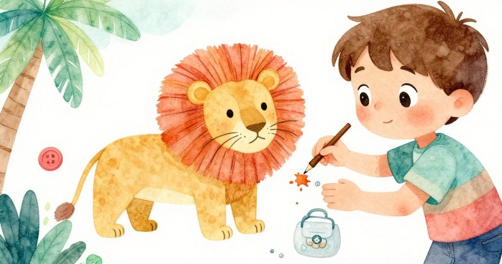 提姆專注地在近距離畫紙上描繪細節，將意外墨點巧妙融入獅子圖像中，呈現出溫馨驚喜的創意禮物。