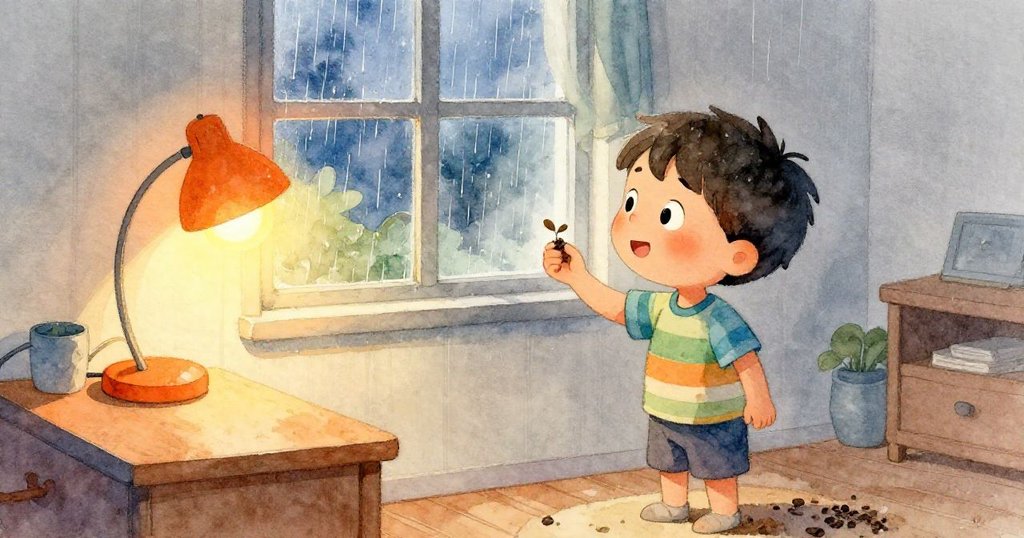 Leo站在窗邊輕握小種子，看著外面雨滴敲擊玻璃，室內溫暖燈光營造出平靜期待的氛圍。