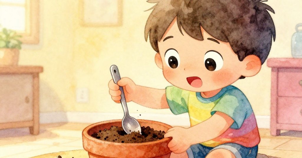 Leo臉上流露出好奇與興奮情緒，近鏡頭呈現他用湯匙小心地將種子壓入盆土，細膩溫馨的室內場景。