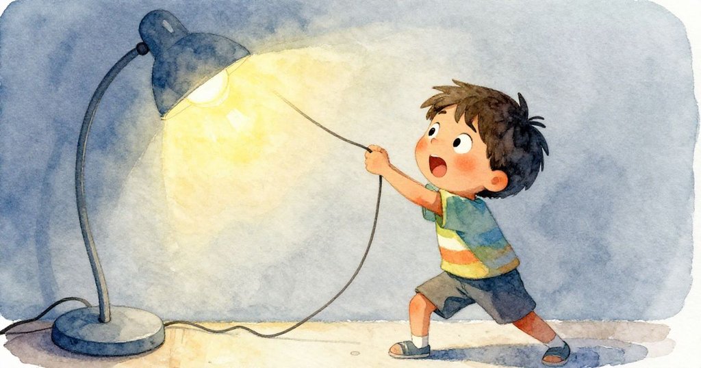 燈光突然熄滅，Leo急忙抬起鬆脫電線，畫面以傾斜角度呈現變化瞬間，表情急迫專注。