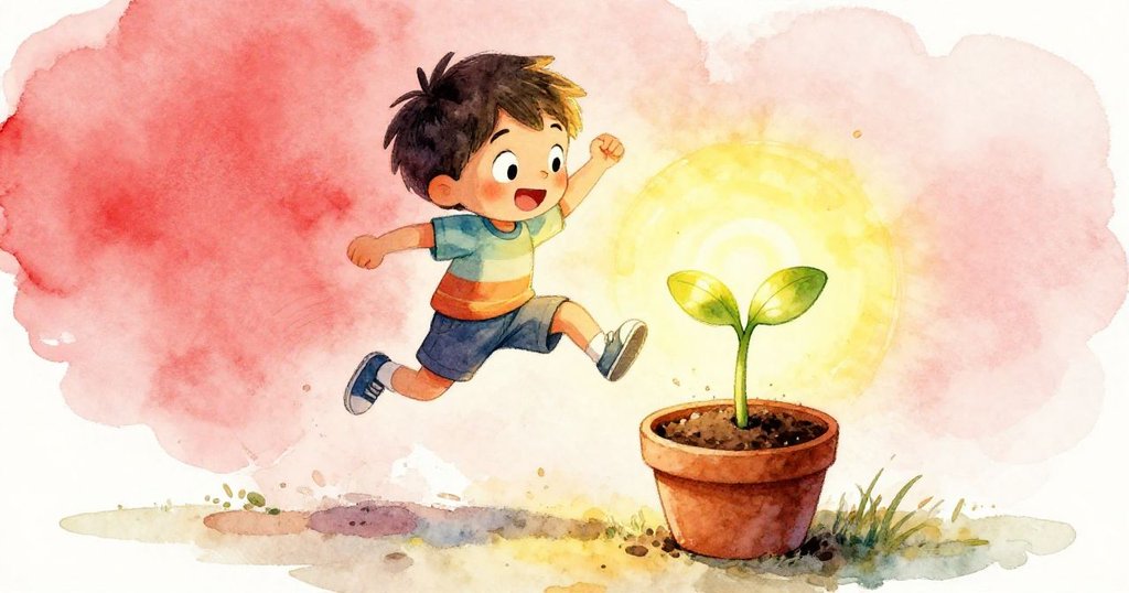 光明回歸，微芽從土中冒出，Leo興奮跳躍，動態捕捉他驚喜的表情與閃亮水珠映襯綠意。