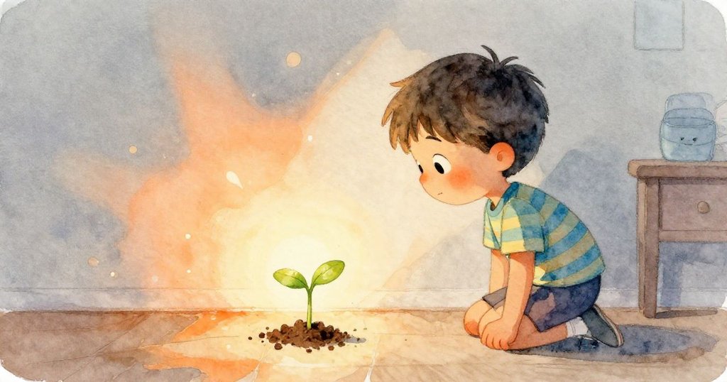 平靜全景呈現Leo欣賞微芽輕向燈光彎曲，室內溫暖光線映照牆上柔美影子，雨聲遙遠，氛圍安寧滿足。