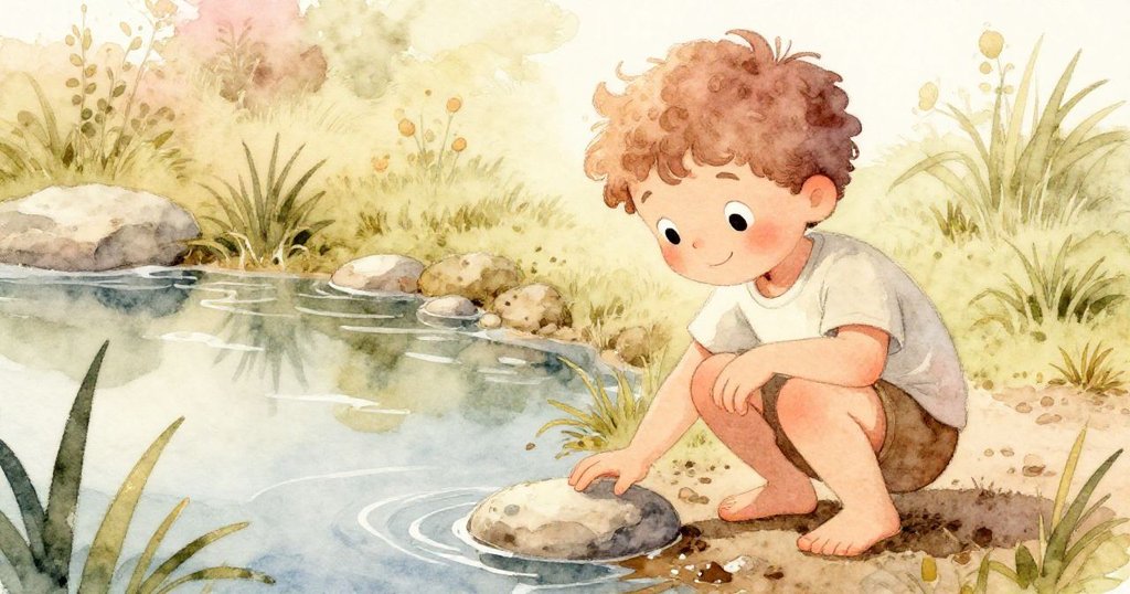 米洛蹲身在濕潤的池塘邊，小鞋輕敲泥濘與石頭，細緻足跡展現童趣與探索自然的心情。