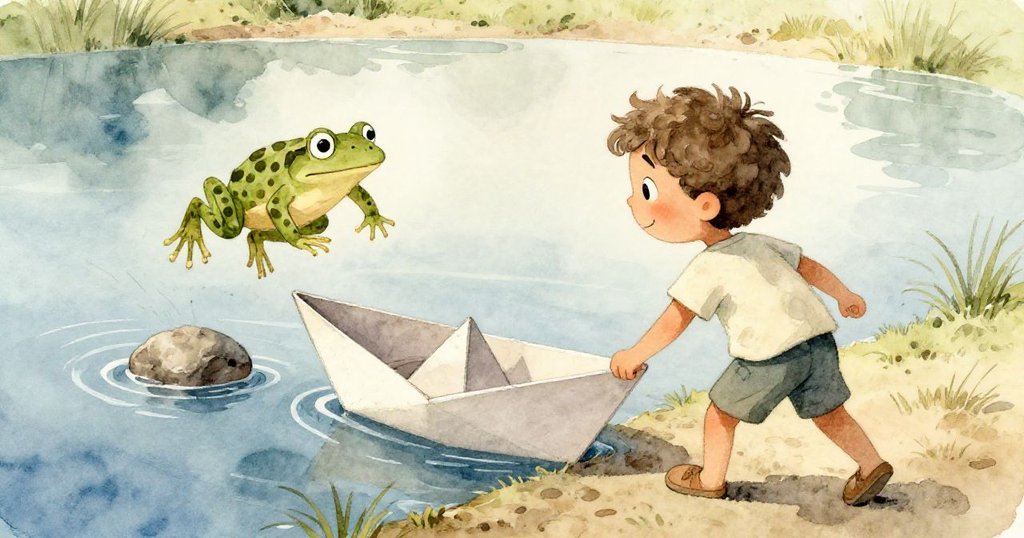 米洛從背後觀察紙船移動，小石搖晃引發青蛙躍起，泥土翻動中展現自然驚奇與他急切好奇的眼神。