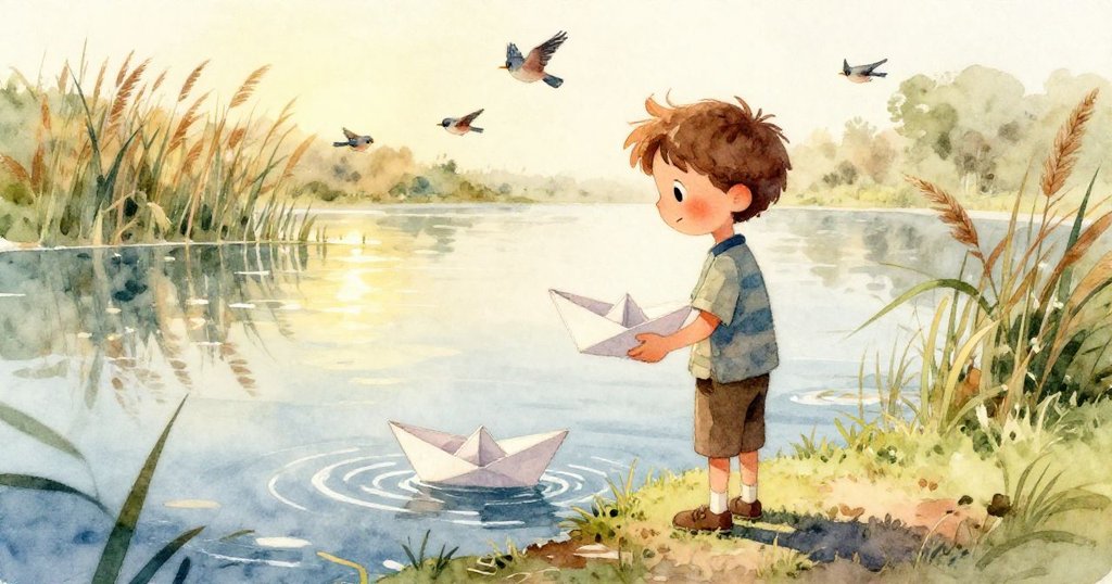 紙船從米洛手中滑落，獨自漂浮於閃爍陽光的池塘上，水面映出光輝，展示一段靜謐的小旅行。