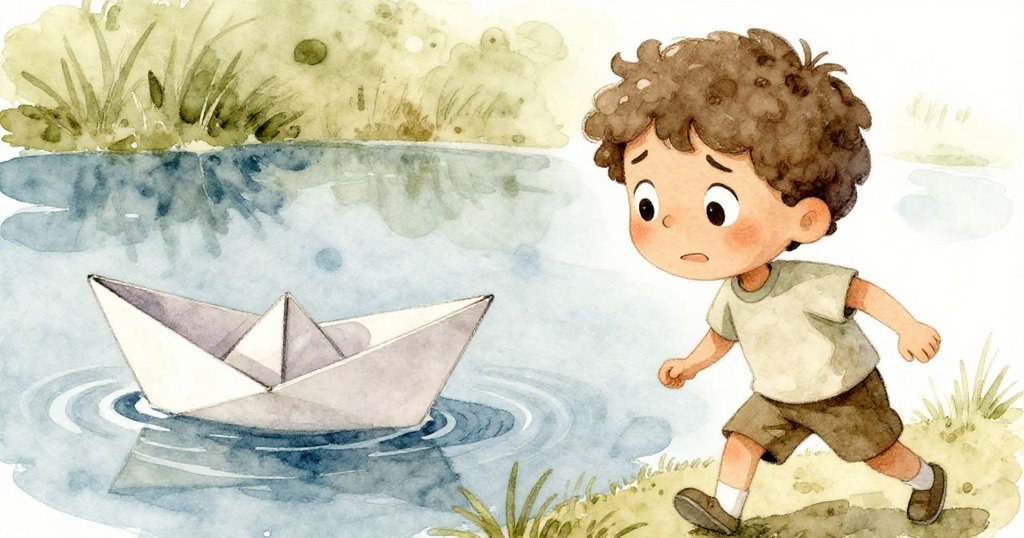 米洛驚慌後退，眼神緊盯遠去的紙船，臉上流露著擔憂與急切，背景中光影交錯映出池塘邊的移動變化。