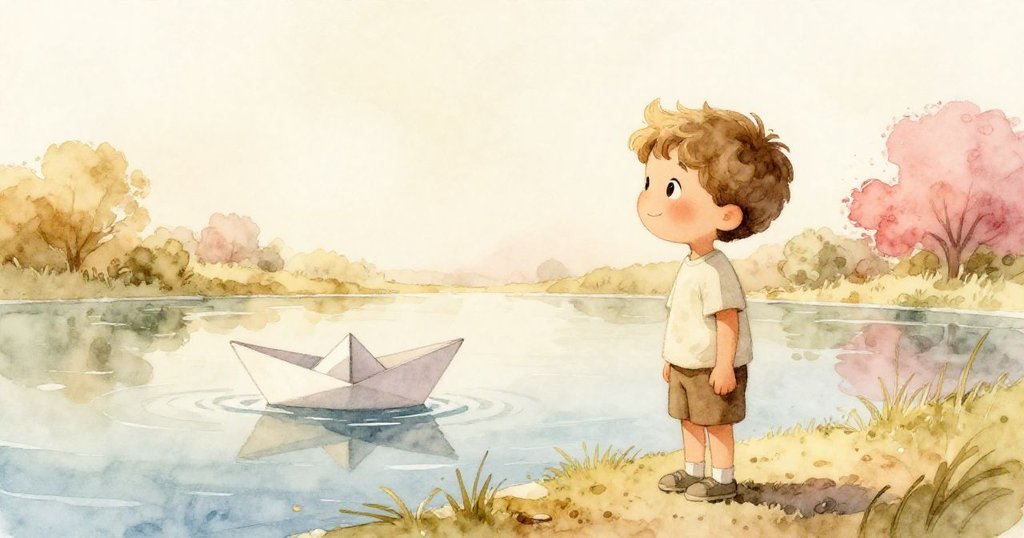 米洛靜靜站在安靜池塘邊，目送紙船逐漸漂遠，陽光柔和映出溫暖色彩，結束一天奇遇，心中滿懷感慨。