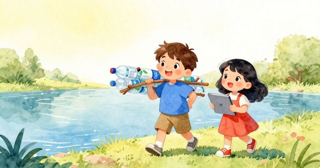 Milo與Lila在學校池塘邊,Milo提著自製筏子,Lila握著平板,充滿期待地走向閃耀水面。