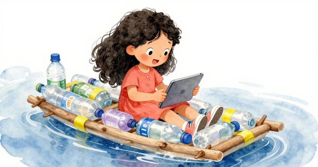 Lila專注操作平板,旁邊特寫展示筏子細節與鮮豔防水膠帶,物品並列形成明顯對比。