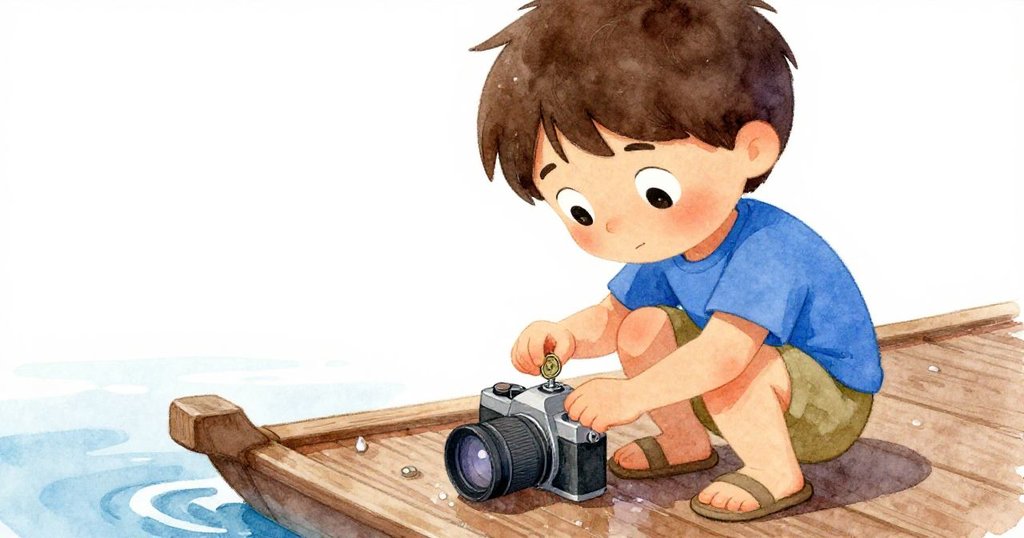 Milo蹲在濕潤筏子上,認真用硬幣修理鬆動鏡頭,神情專注中透露出一絲焦慮。