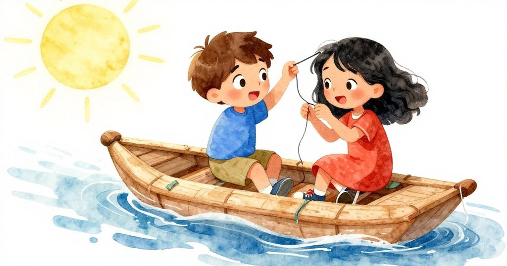 Lila熱心遞出髮夾,Milo趕緊調整筏子內部連線,筏子在池塘上划出明顯運動軌跡,充滿希望。