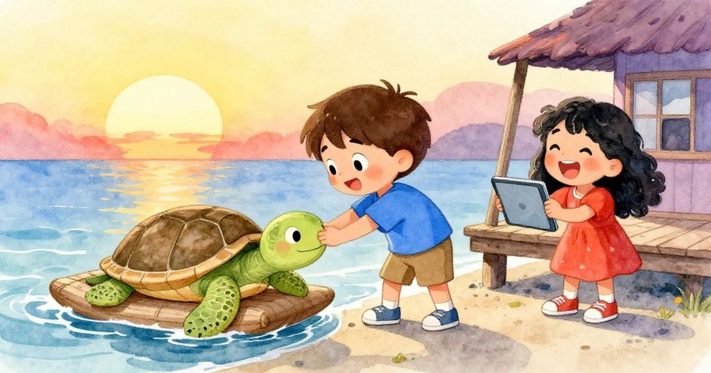 夕陽下,害羞的烏龜輕觸筏子推向岸邊,Milo與Lila興奮大笑並記錄美好瞬間,場景溫暖和諧。