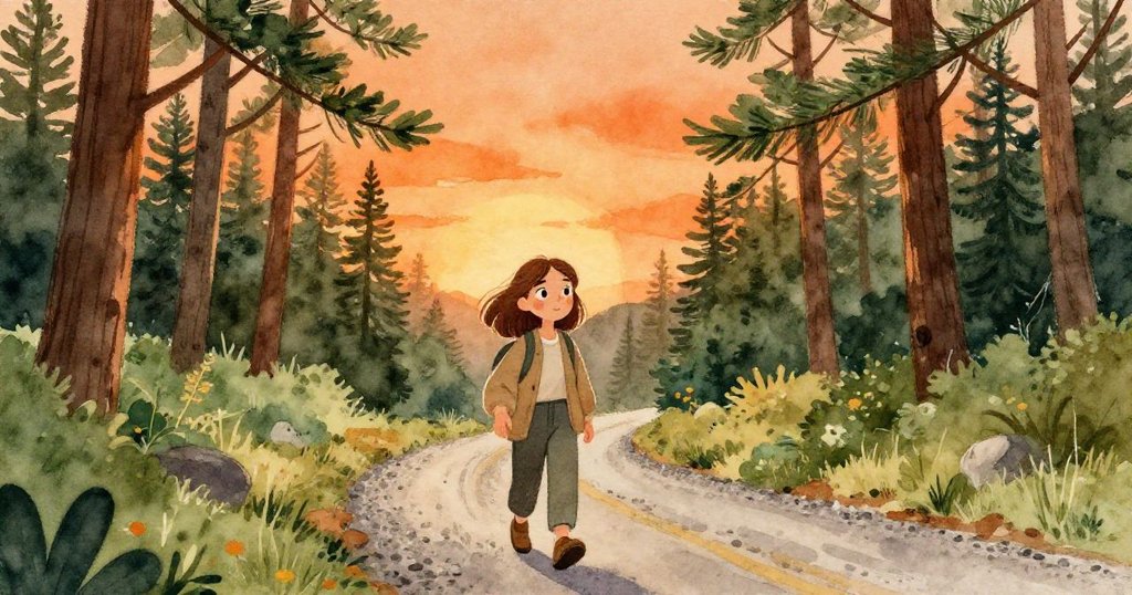 米拉在傍晚陽光中走進茂密松林，沿著砂石路邊展現探索與期待的神情，畫面充滿自然美感。