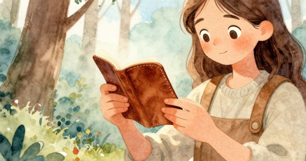 米拉在森林中細心翻閱皮革筆記本，手部動作充滿溫柔與創意，展現詩意靈感。