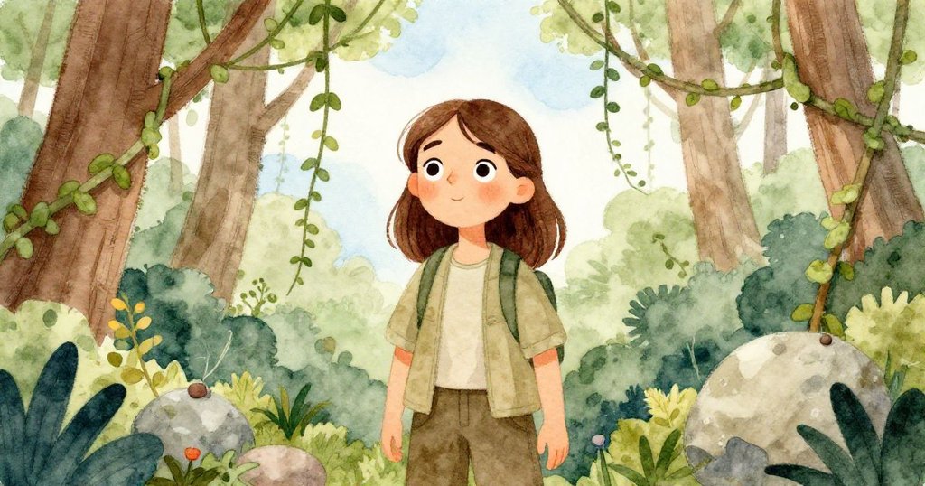 米拉在森林中停步，藤蔓輕撫衣袖、碎石輕觸腳邊，臉上流露出驚奇與謹慎的情感。