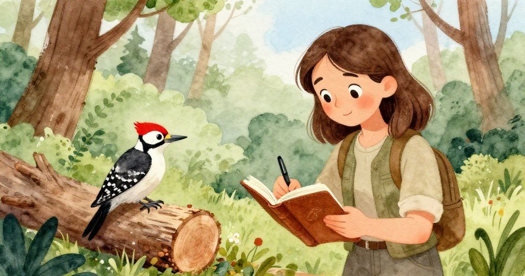 米拉在樹林中寫作時發現紅頂啄木鳥敲打古樹木，木屑飛揚，畫面充滿創意與生命力。